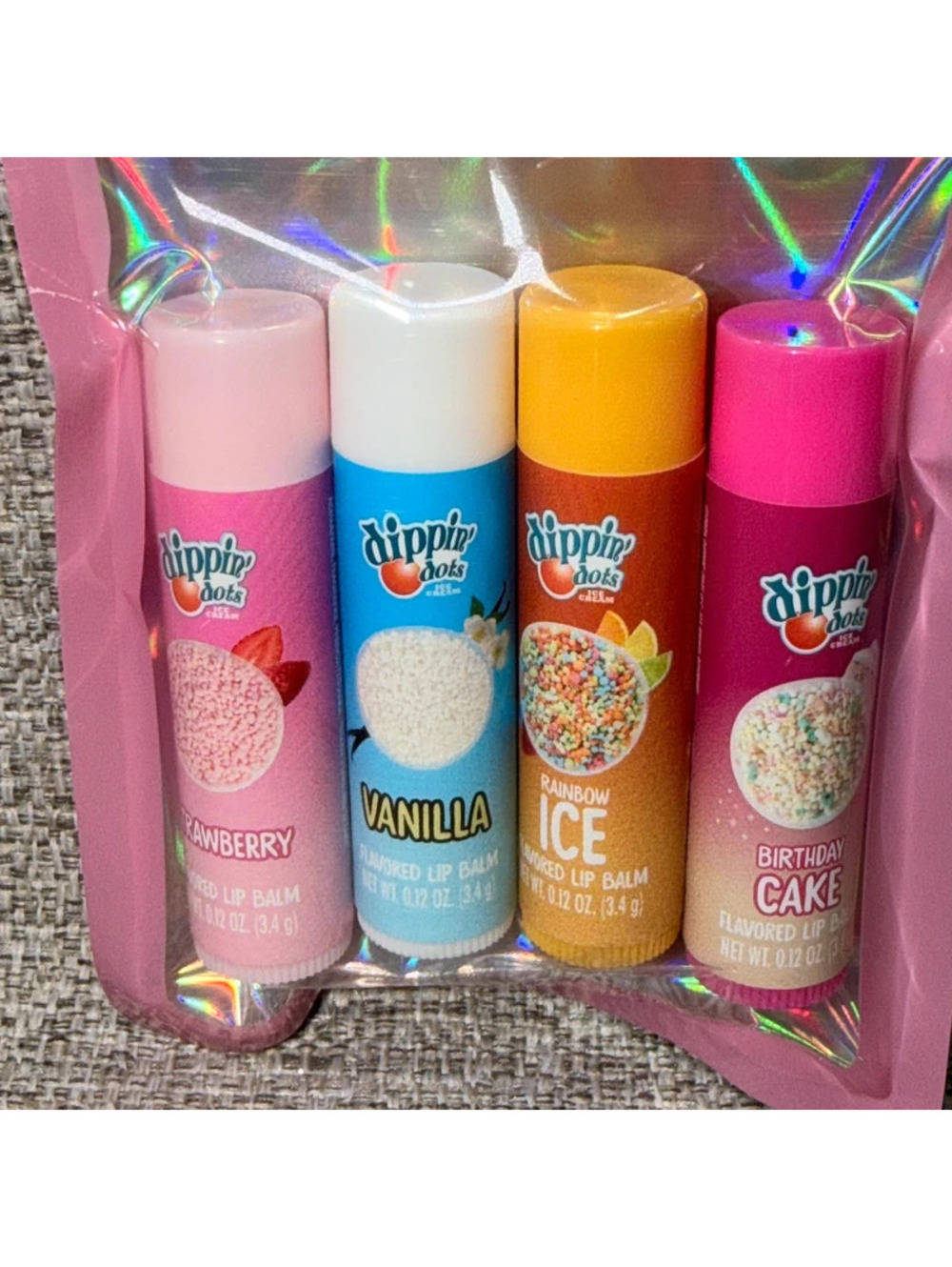 Dippin’ Dots Ice Cream Flavored Lip Balm 4 Piece Set Strawberry Vanilla New